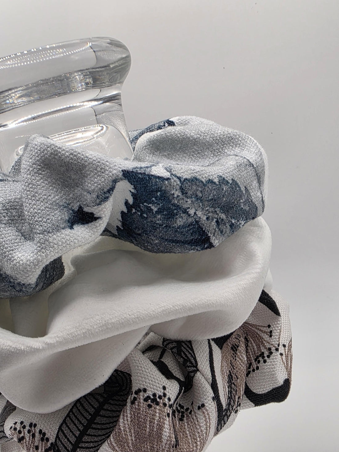 Handmade Scrunchies, Light and Bright 'Calm' Theme, Pack of 3: Large Luxe Scrunchie, Soft Patterned Fabric, Gentle on Hair