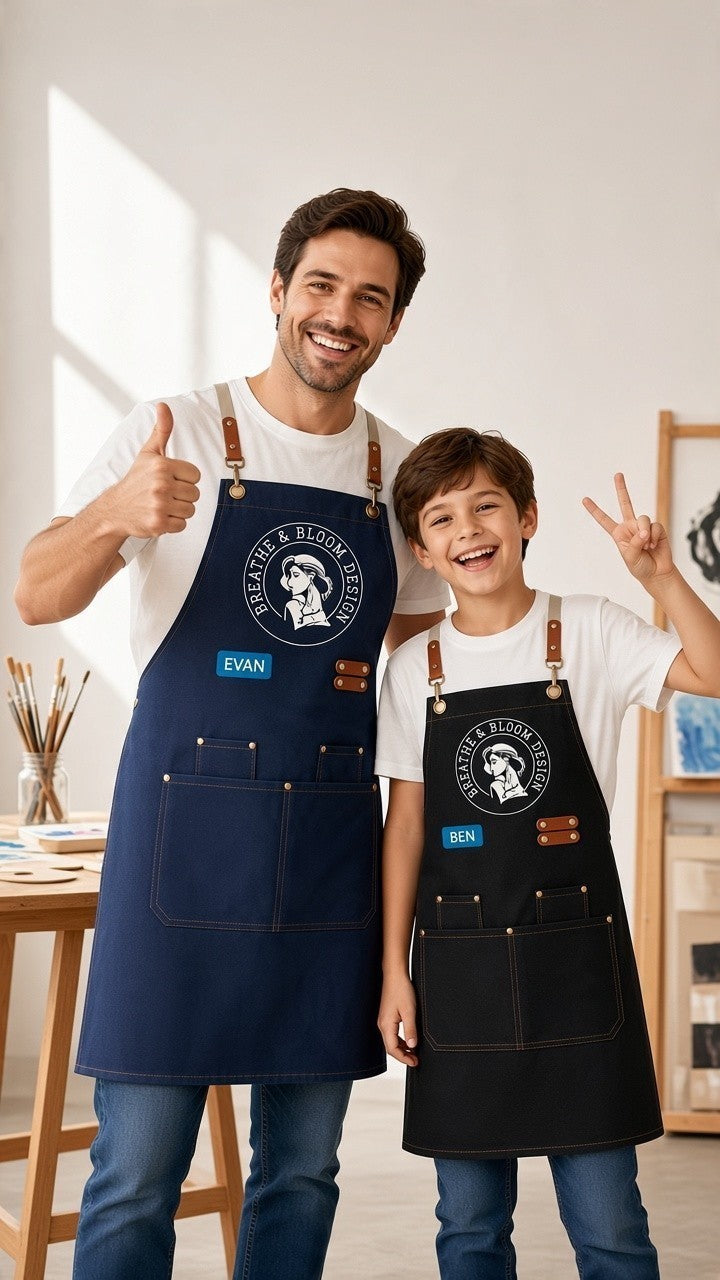 A full-length promotional photo of a smiling man and boy standing side-by-side in a brightly lit art studio with easels and paintbrushes visible in the background. Both wear white T-shirts, blue jeans, and matching heavy-duty canvas aprons with leather neck accents and large front pockets. The man on the left gives a thumbs up, wearing a dark blue apron featuring a circular white logo that reads "Breathe & Bloom Design" and a blue patch labeled "EVAN." The boy on the right poses with a peace sign, wearing a