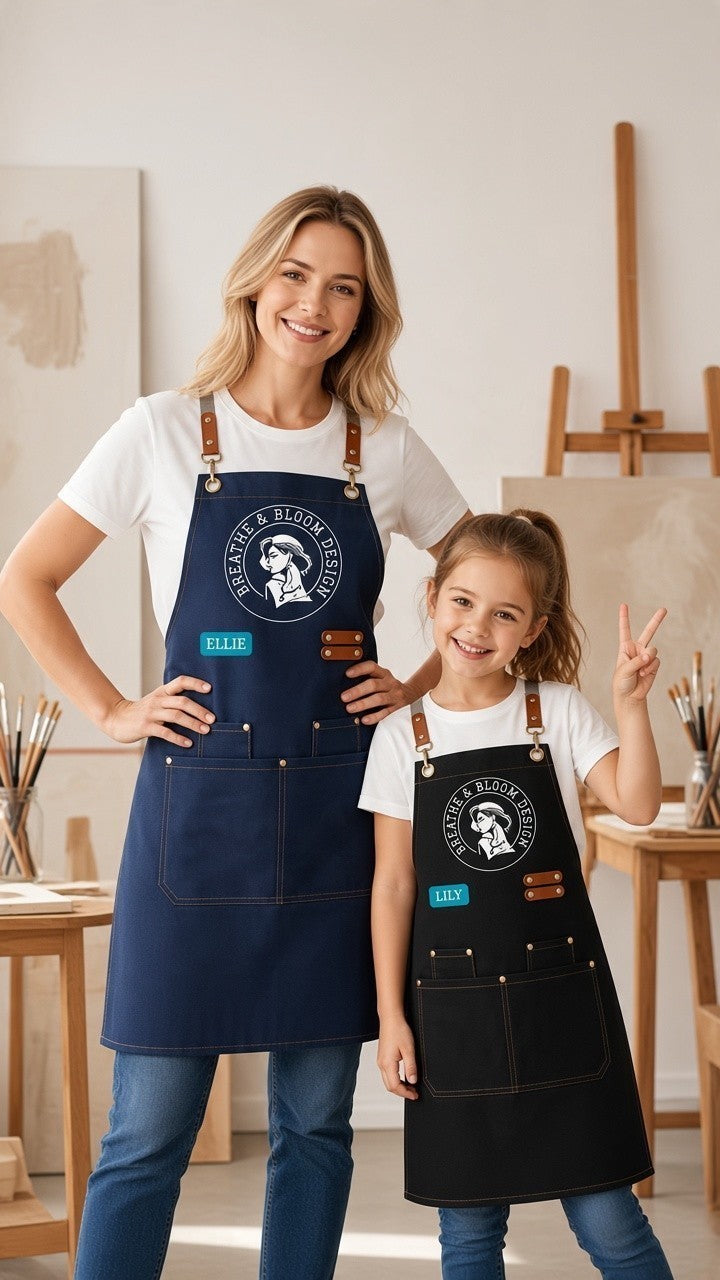 A full-length promotional photo of a smiling woman and young girl standing side-by-side in a sunlit art studio with wooden easels and paintbrushes in the background. Both are dressed in white T-shirts, blue jeans, and matching multi-pocket canvas aprons with leather strap hardware. The woman on the left has her hand on her hip, wearing a dark navy blue apron with the circular white "Breathe & Bloom Design" logo and a blue name patch reading "ELLIE." The girl on the right smiles while making a peace sign, we