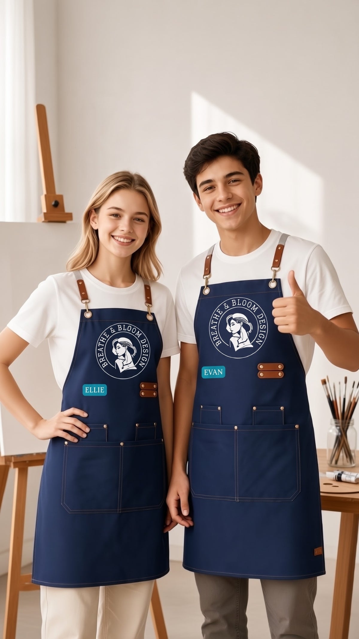 A full-length promotional photo of a smiling young woman and teenage boy standing side-by-side in a naturally lit art studio with wooden easels, canvases, and paintbrushes in the background. Both wear white T-shirts and matching navy blue canvas aprons equipped with brown leather neck straps, metallic grommets, and multiple utility front pockets. The woman on the left rests her hand on her hip, wearing an apron customized with the circular white "Breathe & Bloom Design" crest and a cyan patch reading "ELLIE