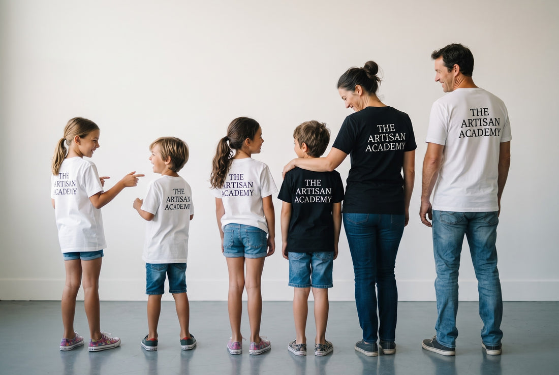 A family of six viewed candidly from behind, lined up side-by-side in a bright white studio setting. They wear matching Classic Studio Tees featuring "THE ARTISAN ACADEMY" printed across the upper back in contrasting block typography. Four children and two adults stand together in denim shorts and jeans, interacting and smiling in a natural mix of black and white tees.