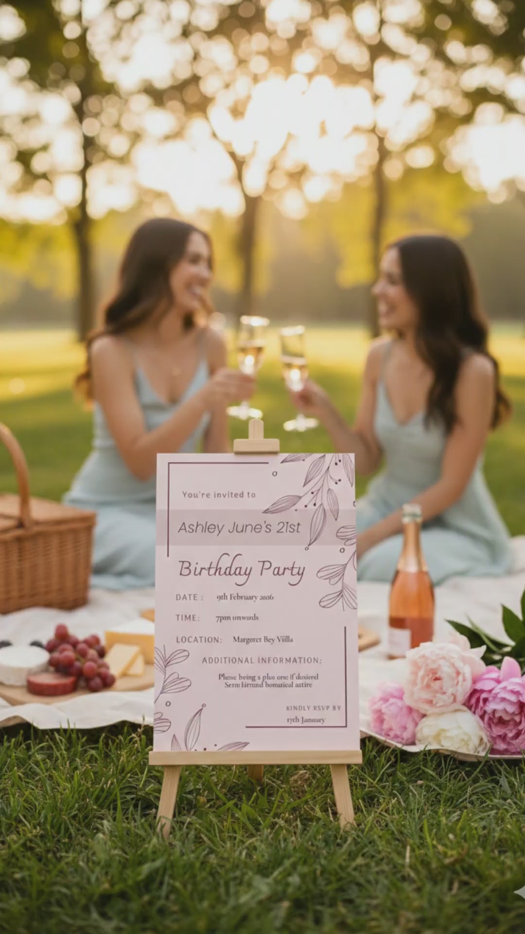 Minimalist Botanical Birthday Invitation – Dusty Rose Digital Template