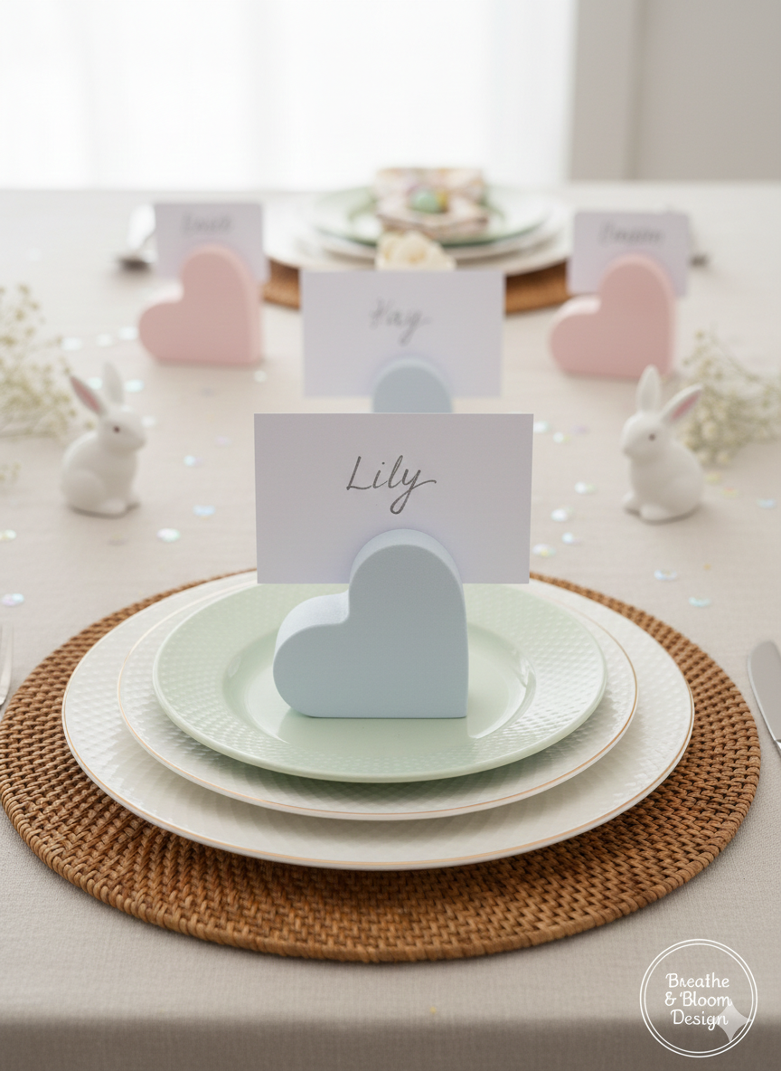 Easter table setting with heart-shaped place cards and bunny decorations.