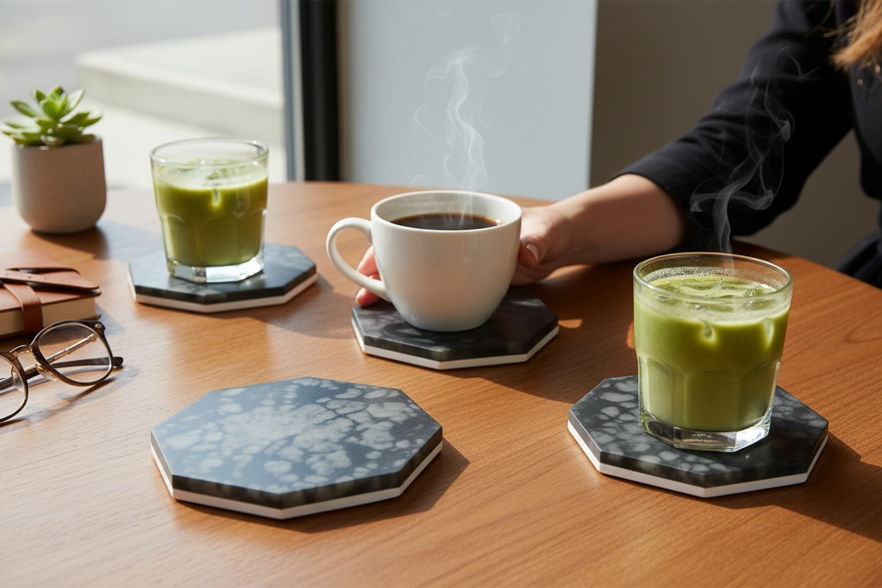 Coffee shop setting with two glasses of green matcha drink and a white mug on octagonal coasters, with a hand reaching for the mug.