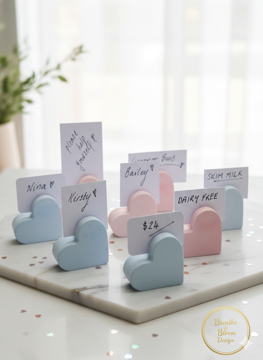 Hand-poured heart-shaped matte stone card holders in pastel pink and blue displaying wedding place cards and retail price tags on a marble surface.