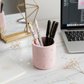 Blush Petal Pink Stationery Cup with pens on a desk next to a laptop