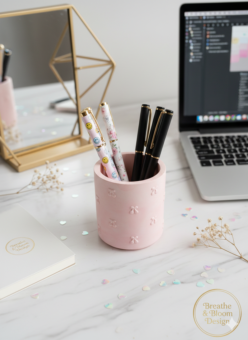 Blush Petal Pink Stationery Cup with pens on a desk next to a laptop