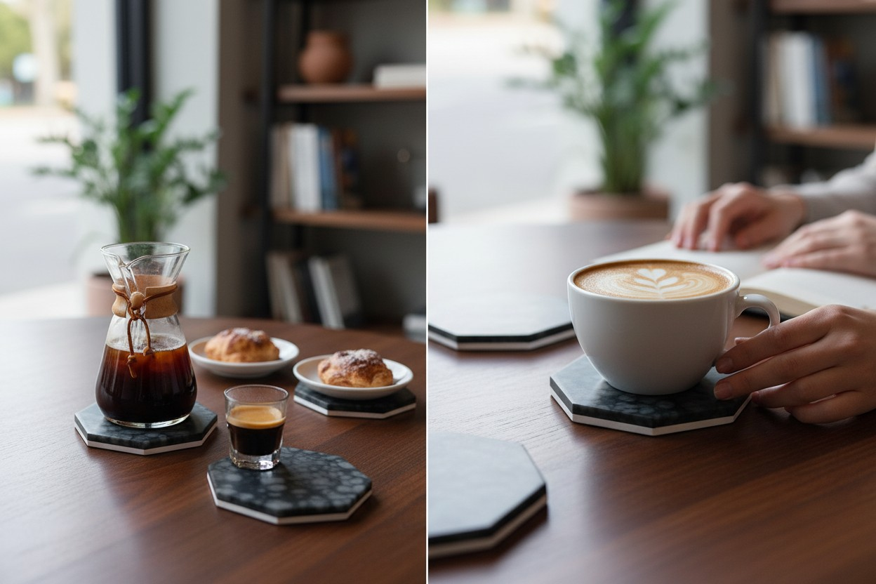 Two images of coffee and pastries featured on handmade black and white coasters, on a table with a blurred background
