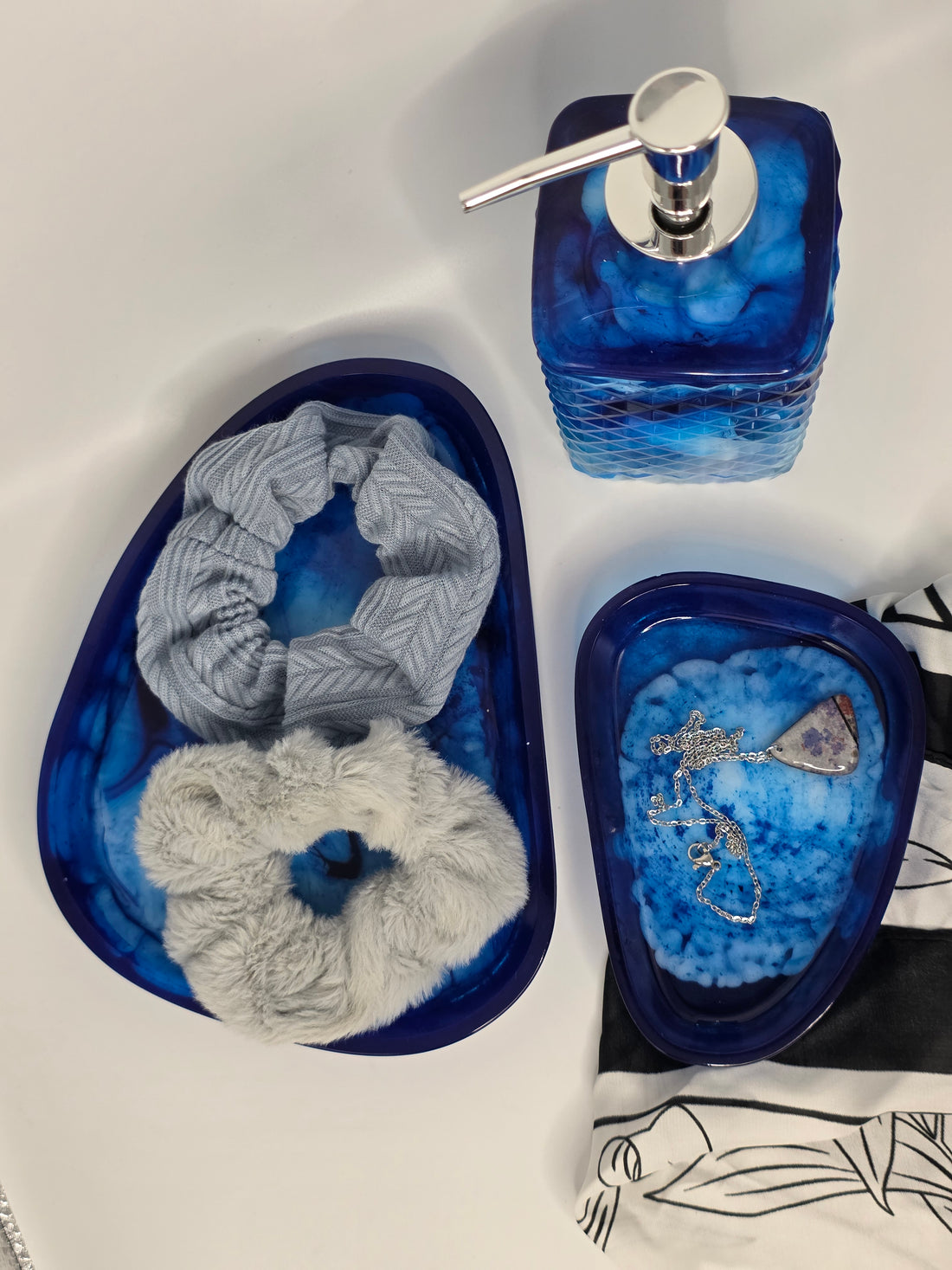 Deep Blue Swirl Resin Bathroom Set | Soap Dispenser & Vanity Trays | Artisan Home Decor