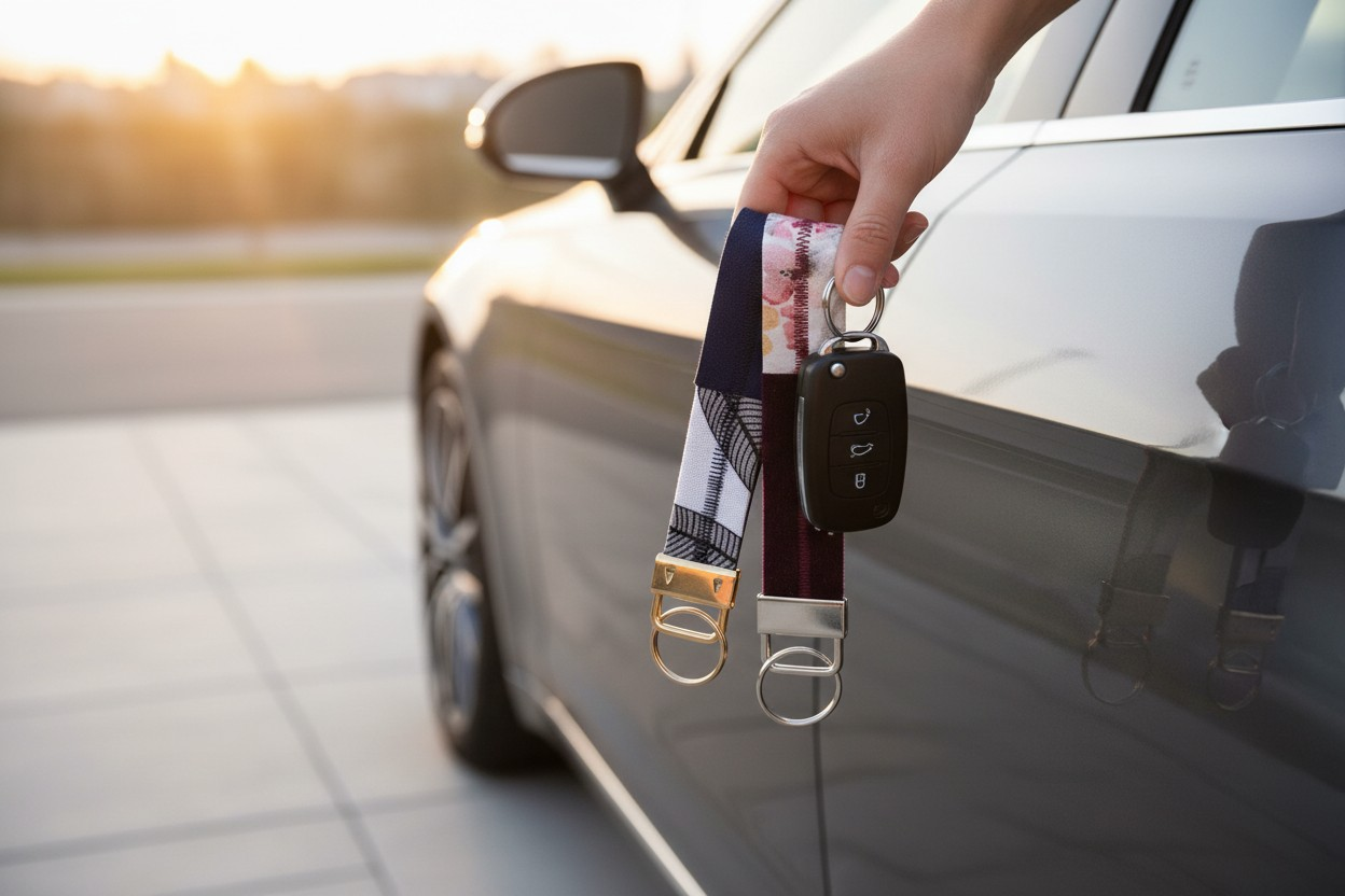 Hand holding two fabric wristlet keychains next to a car door at sunset, demonstrating the wristlets in use.
