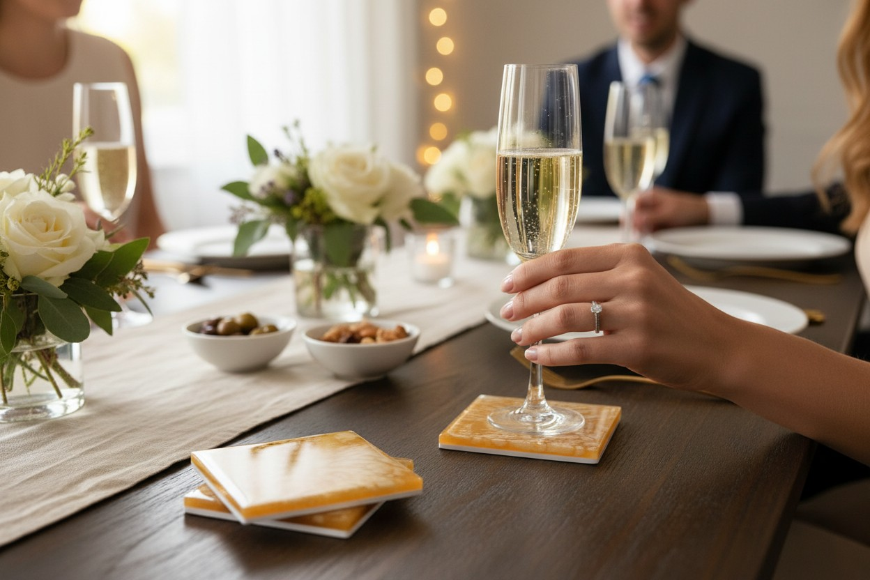 A lifestyle shot of the golden coasters in use at a formal dinner table, featuring champagne glasses and white floral arrangements.