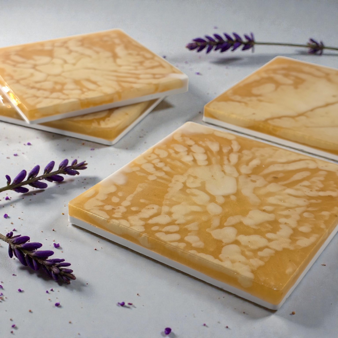 Handmade Golden Honey Resin Coasters - Set of 4 | Square Luxe Yellow & Gold Home Decor | Eco-Casting Artisan Drinkware