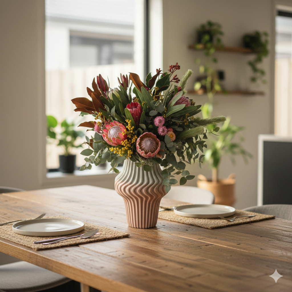 A lifestyle shot of the blush ribbed vase on a wooden dining table, filled with a lush bouquet of native Australian flowers including Proteas and Wattle.