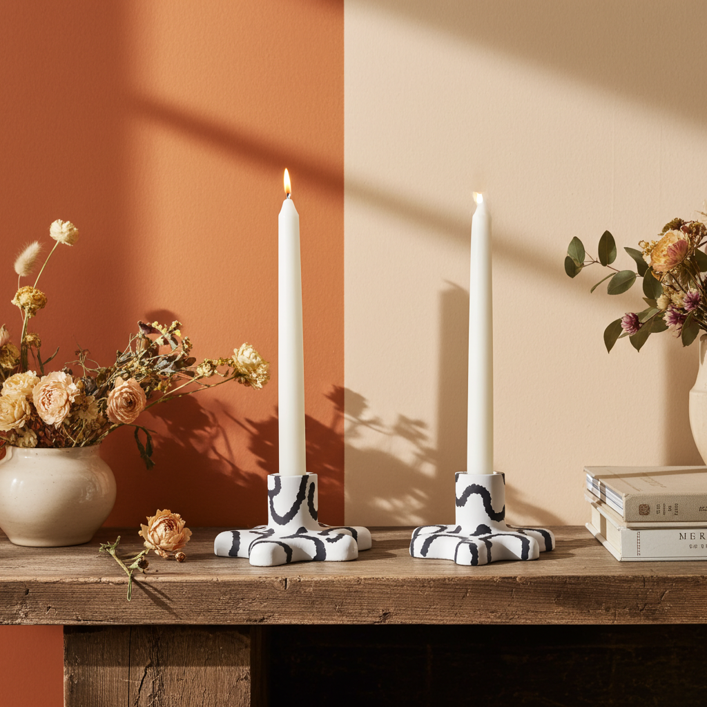 Bold Monochromatic Candle Taper Holders: 2 Set | organic shapes | minimalist/maximalist | handmade and hand painted | candle stick holders